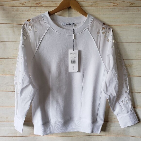 Thakoon Cotton Crew Eyelet Embroidered Balloon Sleeve Sweatshirt White Small - Picture 3 of 11
